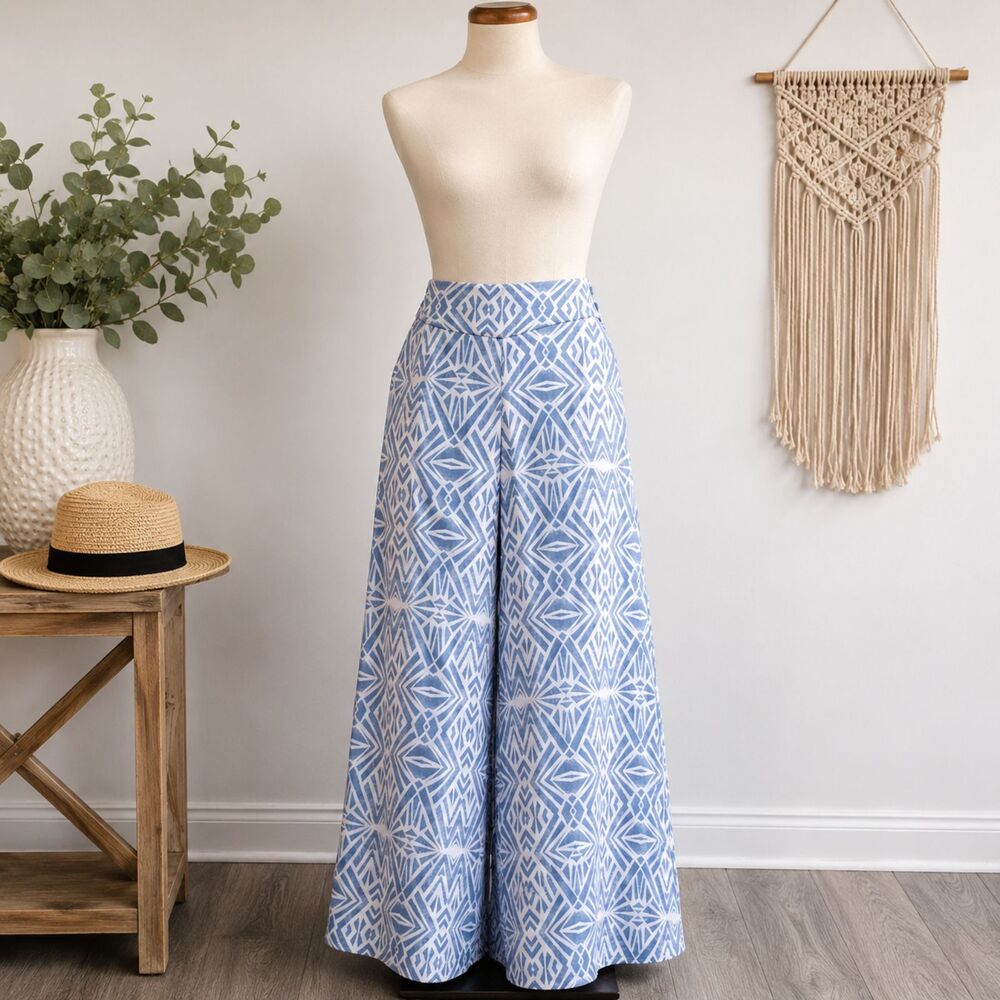 Mossimo Blue White Geometric Print Wide Leg Pants Elastic Waist XS